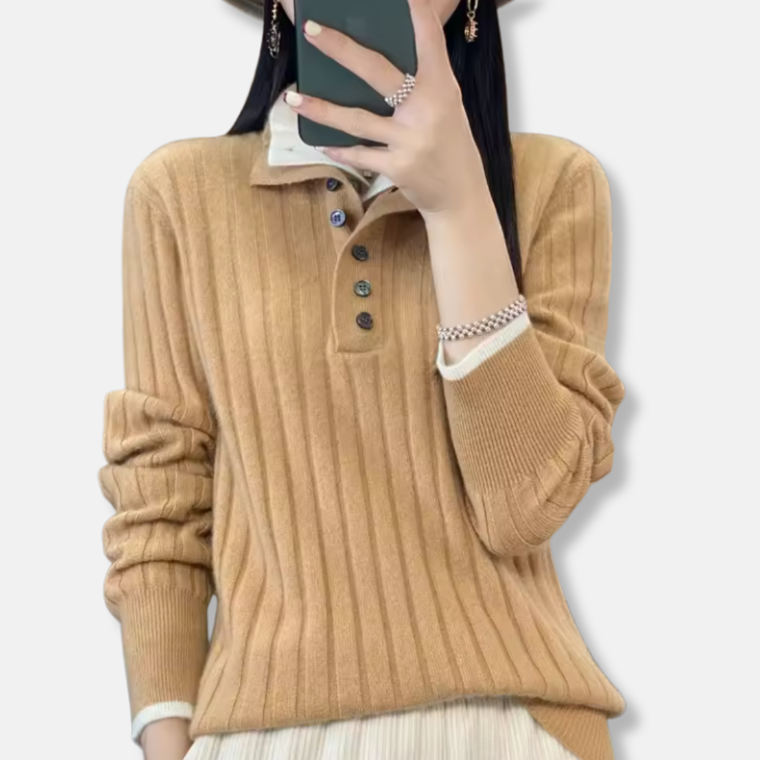 Women’s Pullover Sweater - Ribbed Knit - Polo Collar - Four-Button Placket