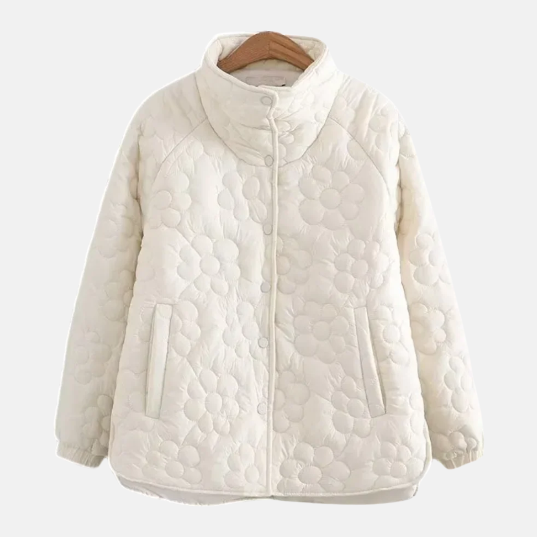 Women’s Jacket - Quilted Floral Pattern - Relaxed Fit - Hip Length - Stand Collar