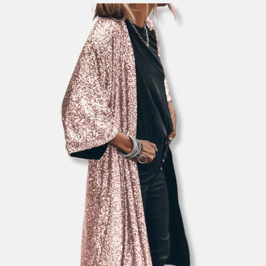 Women’s Duster Cardigan – Sequin Embellished – Loose Fit – Open Front – 3/4 Sleeve