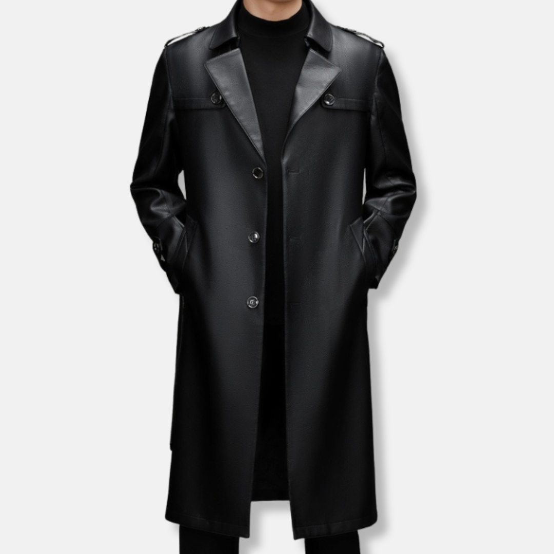 Mens Leather Trench Coat Slim Fit Single Breasted Epaulet Shoulder Detail Premium Fall Outerwear