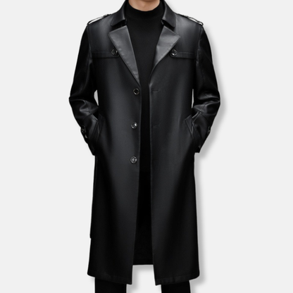 Mens Leather Trench Coat Slim Fit Single Breasted Epaulet Shoulder Detail Premium Fall Outerwear