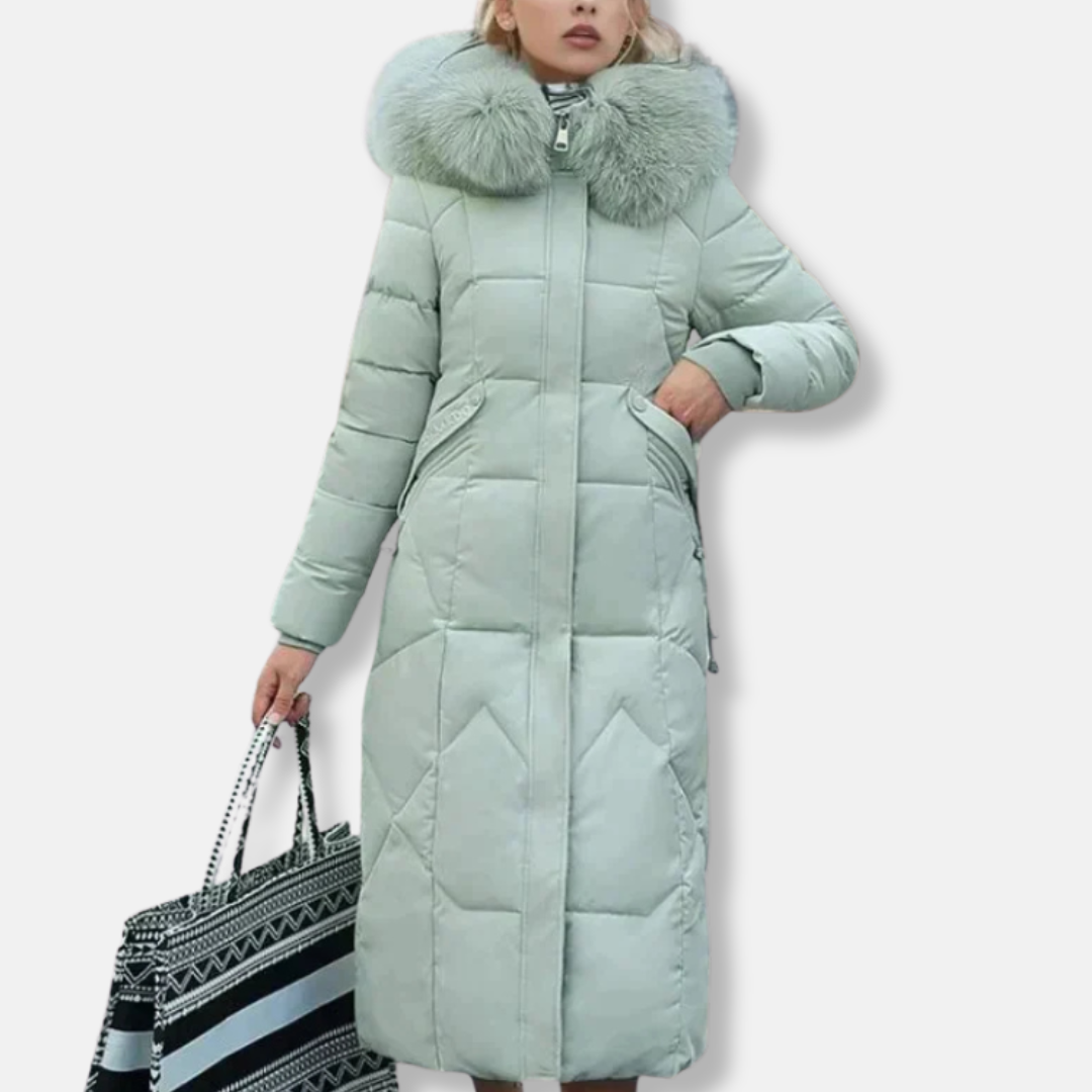 Women’s Long Padded Coat – Slim Fit – Quilted – Detachable Fur Collar – Full Length