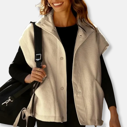 Women’s Vest - Plush Fleece Knit - Oversized Relaxed Fit - Stand-Up Collar - Snap Button Closure