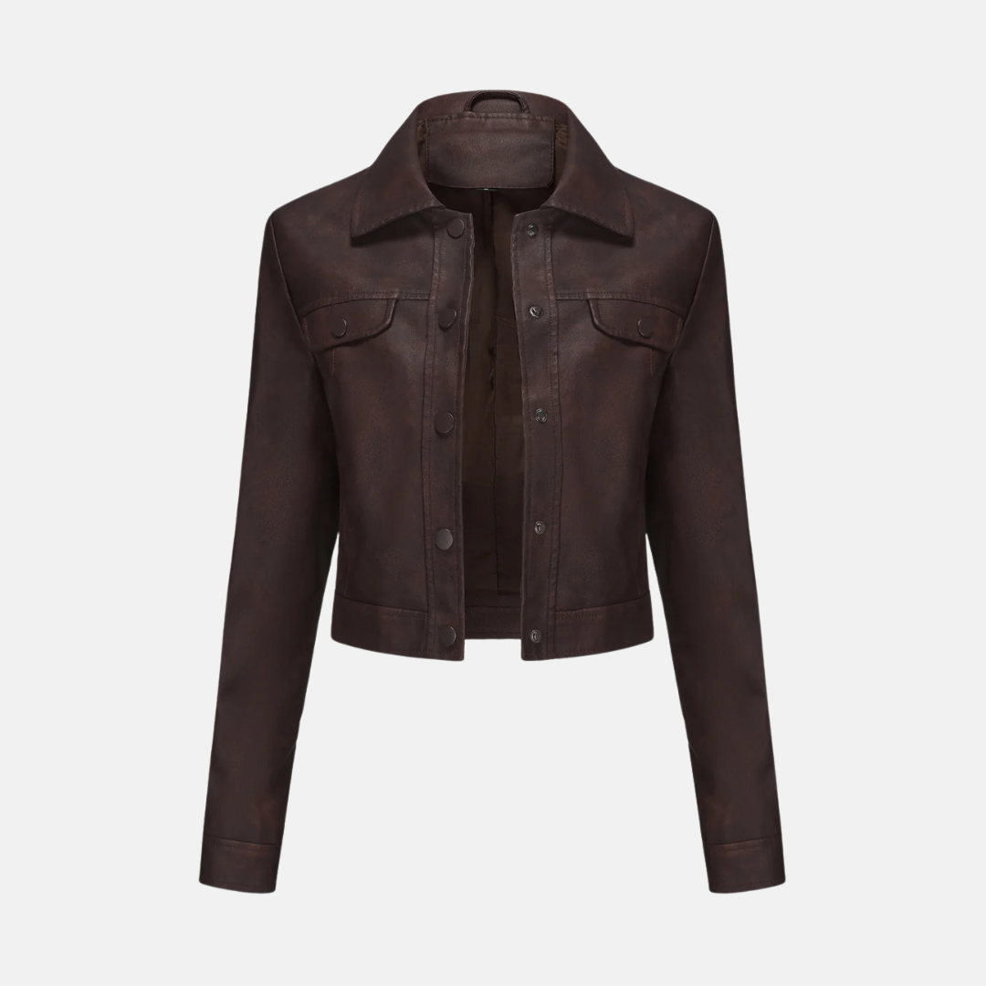 Women’s Cropped Jacket – Structured Fit – Woven Texture – Snap Front – Point Collar