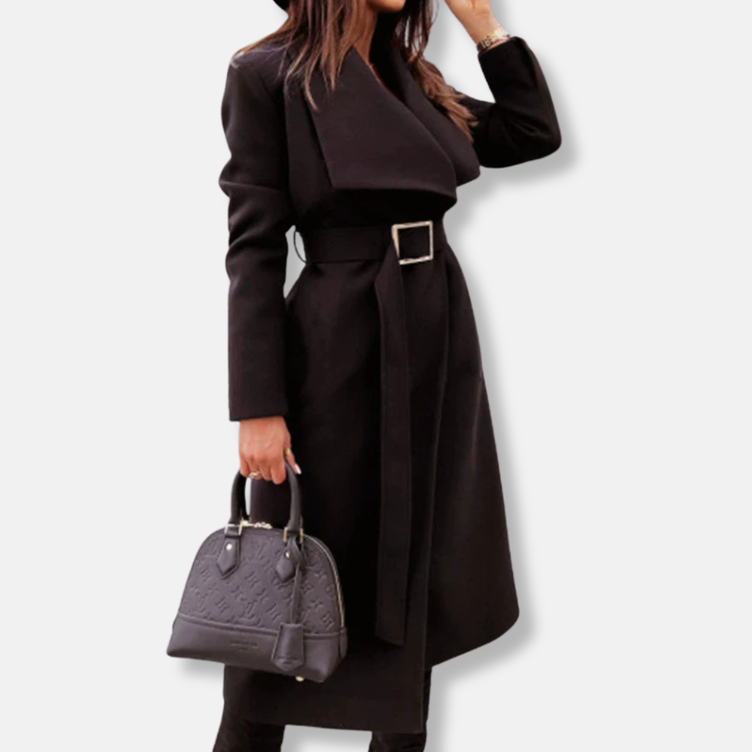 Women’s Longline Coat – Tailored Relaxed Fit – Draped Lapels – Belted with Gold Buckle