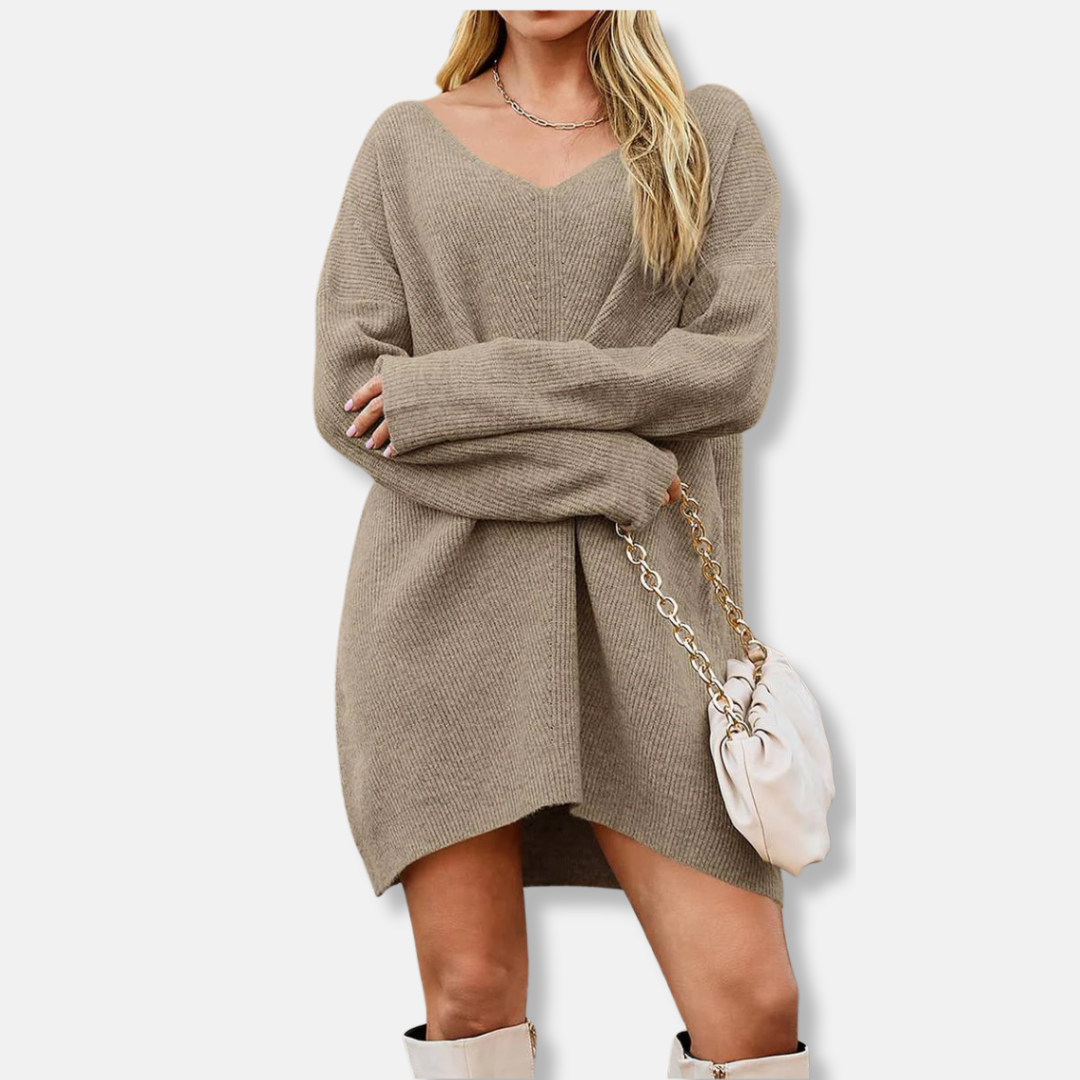 Women’s Dress - Ribbed Knit - V-Neck - Long Sleeves - Mini Length