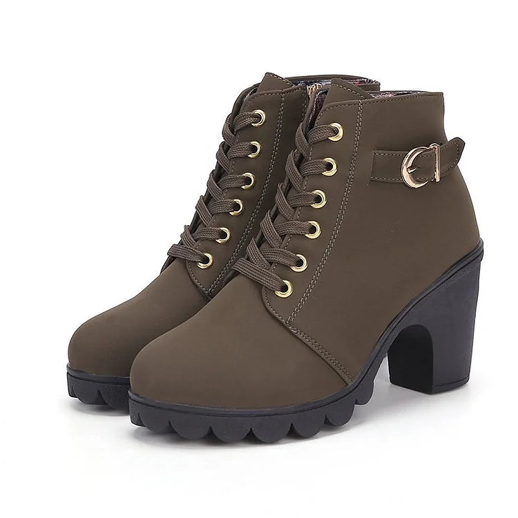 Lunvéra Womens Lace-Up Ankle Boots Waterproof PU Plush Lining Warm Comfort With Stable Square Heel