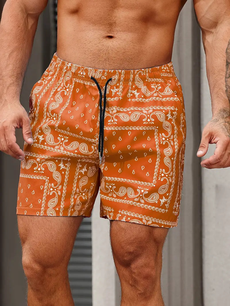 Men's Bandana Print Quick Dry Swim Shorts Mid Thigh Relaxed Fit Beach Pool Wear Essential