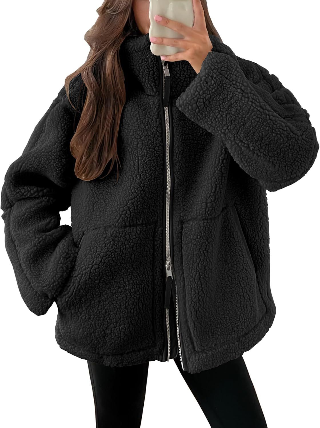 TrendAura Wool Blend Zip Up Jacket For Women Cozy Warmth In Modern Fit Winter Essential