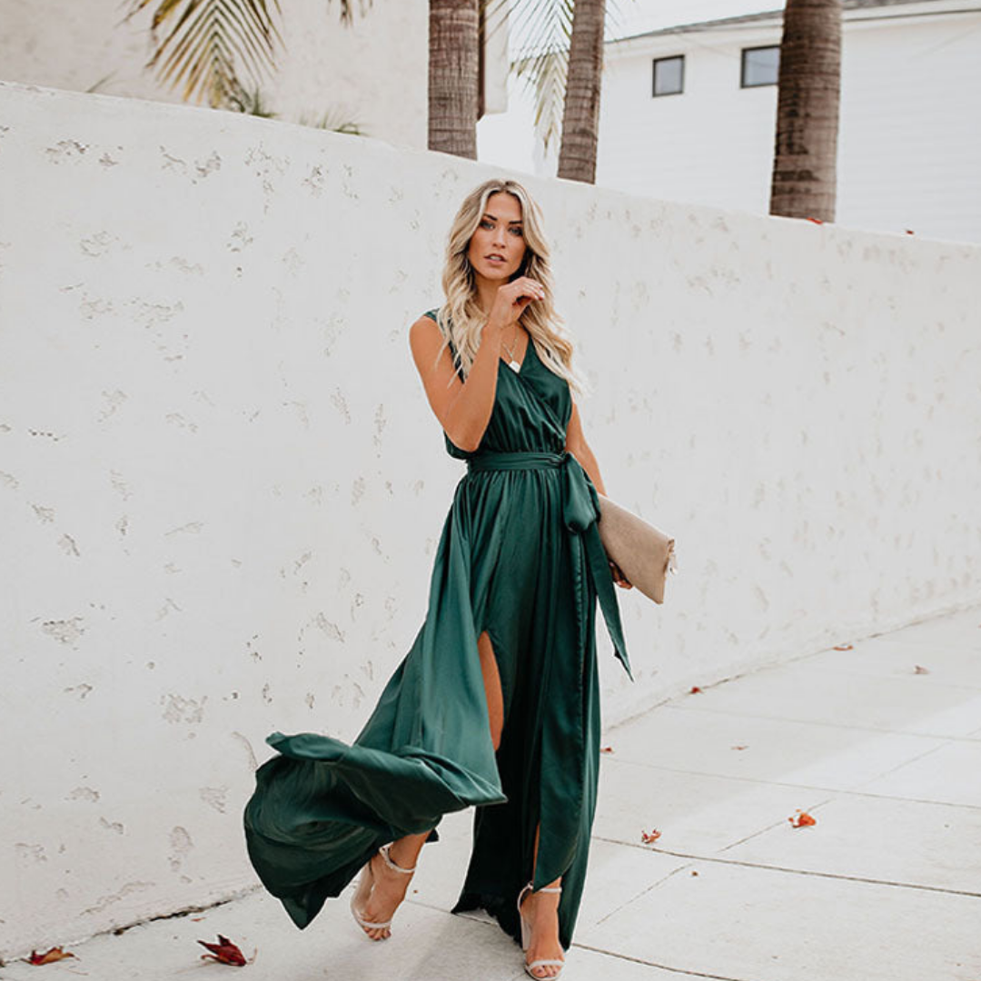 Ilona Elegant Long Dress For Women With Side Slit And Belt Fluid Silhouette And Modern Chic