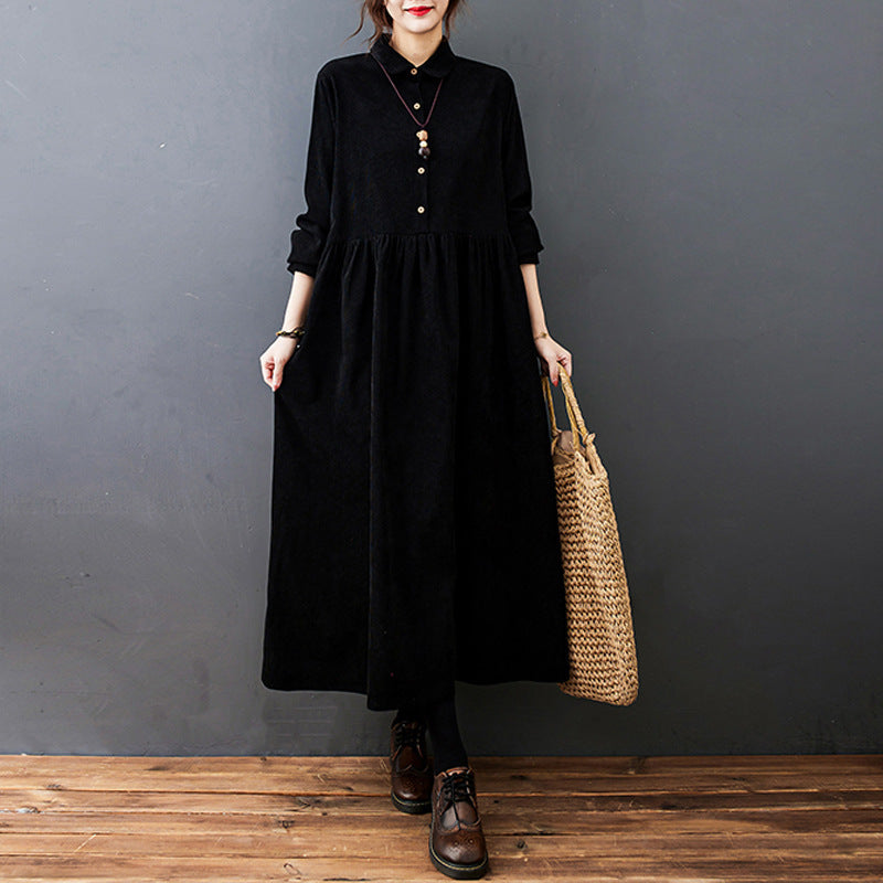 Women's Corduroy Maxi Dress with Shirt Collar and Button Placket