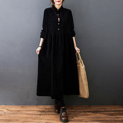 Women's Corduroy Maxi Dress with Shirt Collar and Button Placket