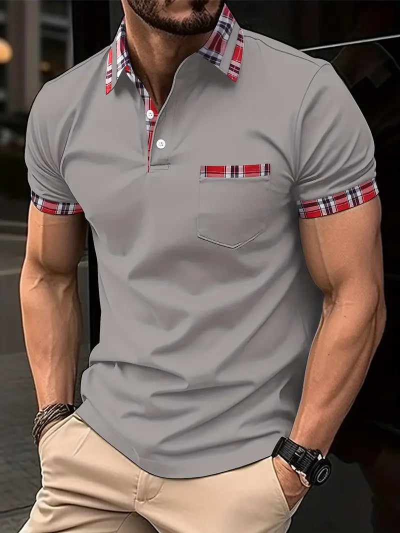Desi Men’s Checked Polo Shirt With Plaid Trim And Pocket Accent Short Sleeve For Stylish Men