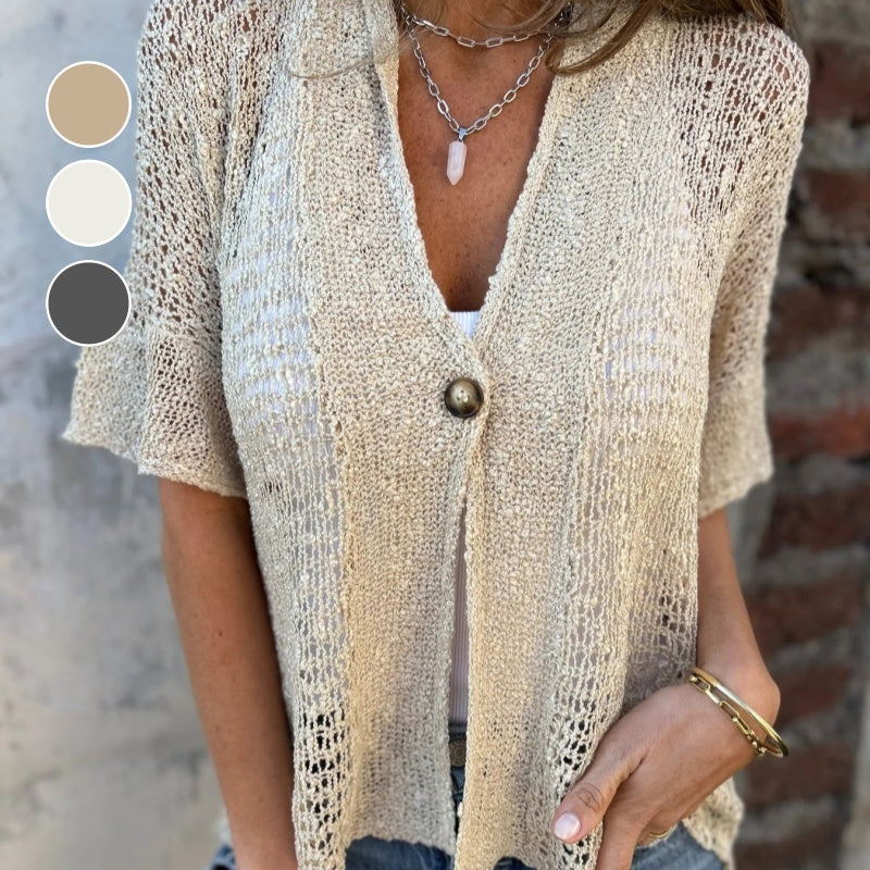 Paloma V Neck Blouse For Women Short Sleeve Button Details Soft Cotton Jersey Elegant Office Ready