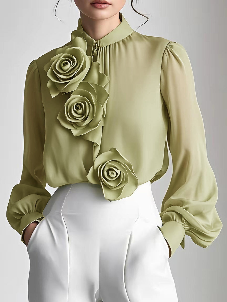 Naïma Pink Blouse With 3D Floral Details And High Collar Loose Fit Elegant Wardrobe Essential For Women