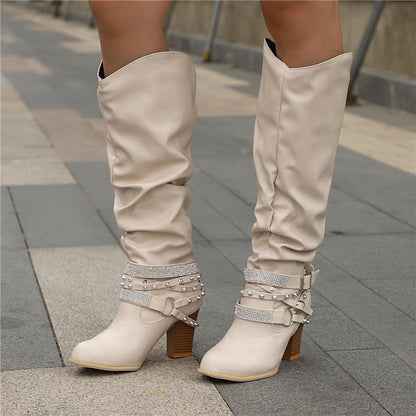 Women's Knee-High Slouchy Boots with Block Heel and Soft Design