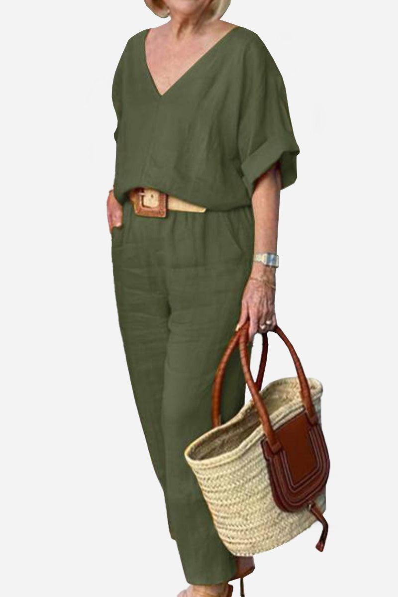 Women's V-Neck Batwing Top with Relaxed Fit and Straight-Leg Trousers