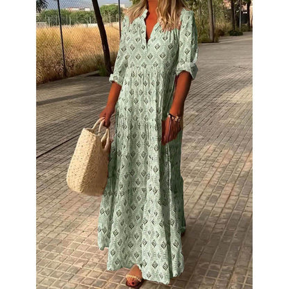 Women's Boho Maxi Dress with Shirt Collar and Pleats – Summer Casual Dress for Vacation & Everyday Use