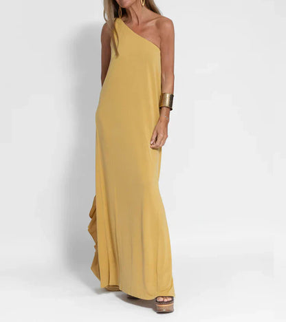 Lea Luxurious Elegant Maxi Dress With Asymmetrical Neckline And Side Slit For Women Timeless Chic Comfort