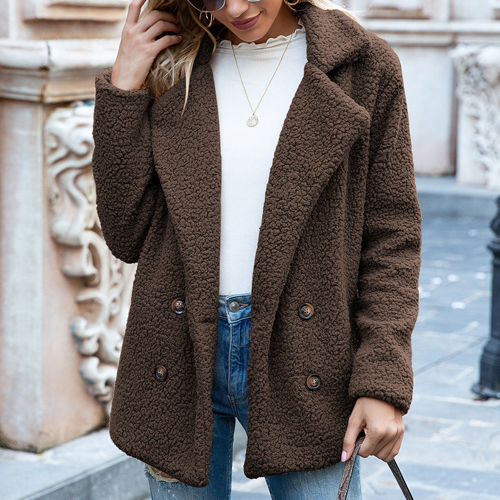 Fluffy Casual Winter Coat For Women With Wide Collar And Button Closure Soft Polyester Lining For Warmth And Chic Style