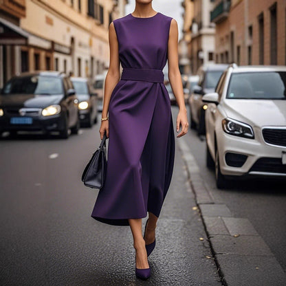 Renata Sleeveless Midi Dress With Ruched Wrap For Professional Women, Elegant Comfort For Work