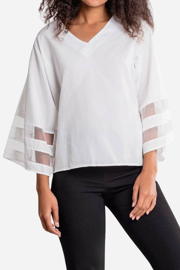Women's V-Neck Bell Sleeve Blouse with Mesh Panel and Elegant Design - TrendAura