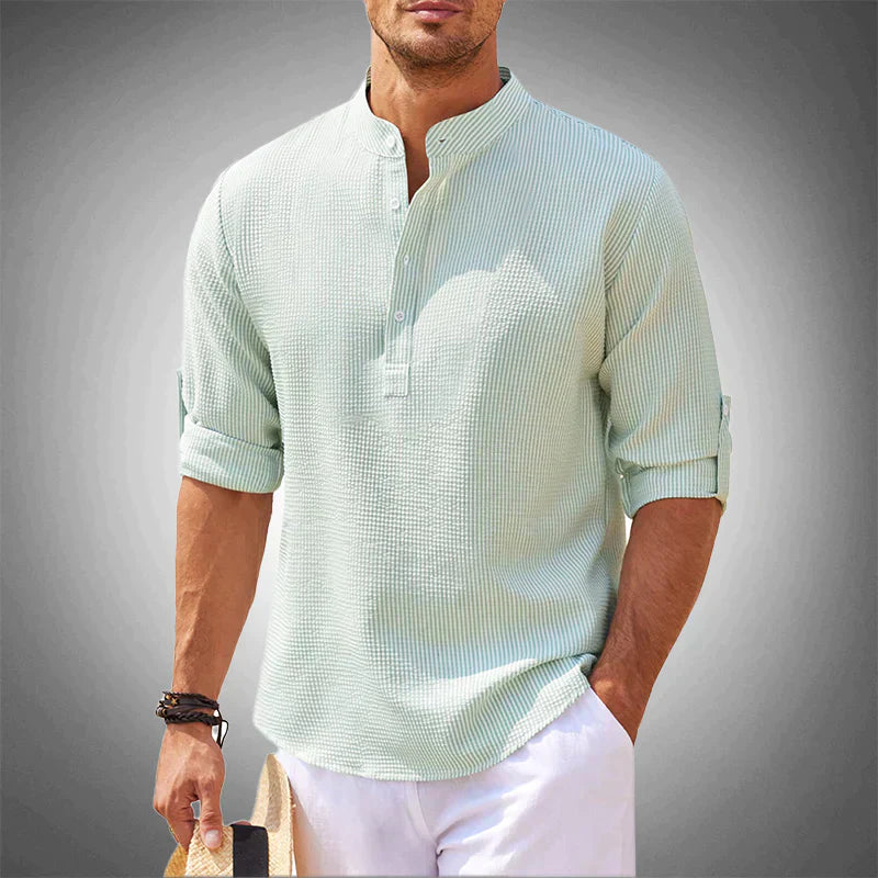 Men's Relaxed Fit Mandarin Collar Shirt With Roll Up Long Sleeves For Casual To Semi Formal