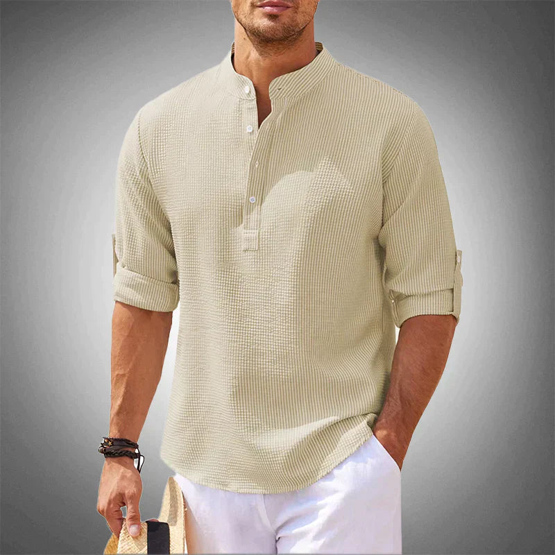 Men's Relaxed Fit Mandarin Collar Shirt With Roll Up Long Sleeves For Casual To Semi Formal