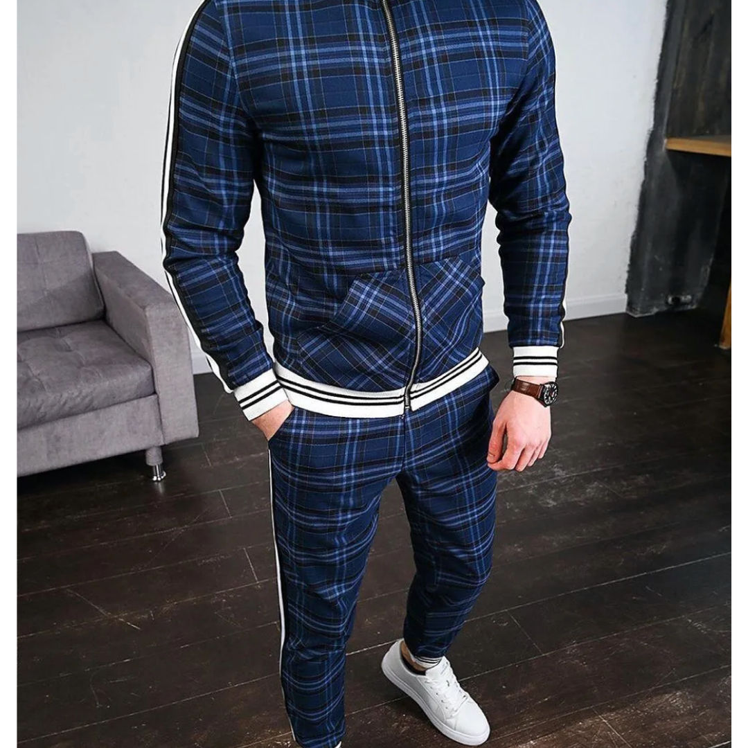 Nicholas Mens Plaid Activewear Tracksuit With Stripe Details For Workout Travel And Casual Wear