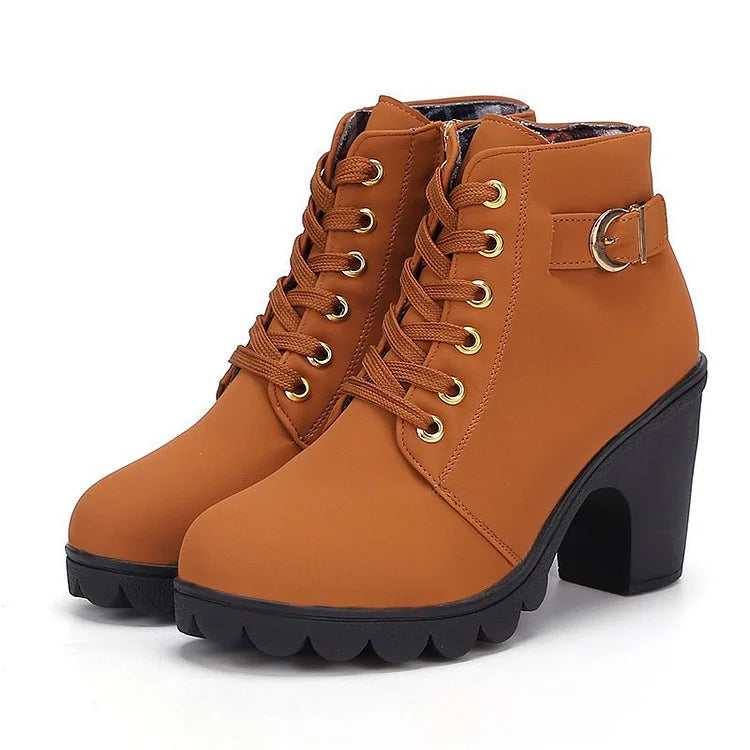 Lunvéra Womens Lace-Up Ankle Boots Waterproof PU Plush Lining Warm Comfort With Stable Square Heel