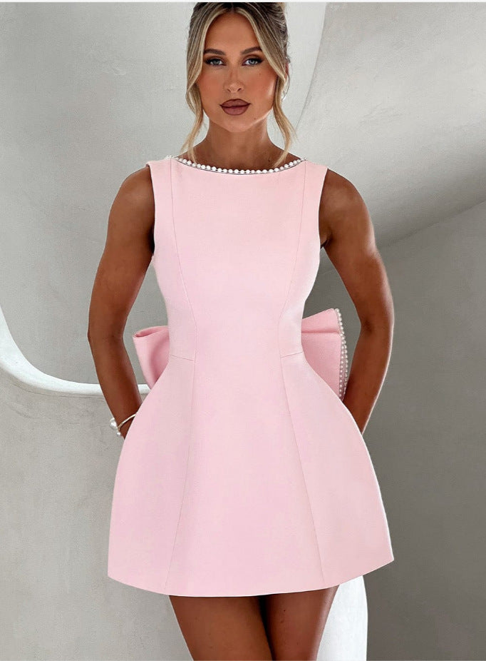 Priscella Elegant Cocktail Mini Dress For Spanish Women, Flared Silhouette With Pearl Accents, Effortless Sophistication