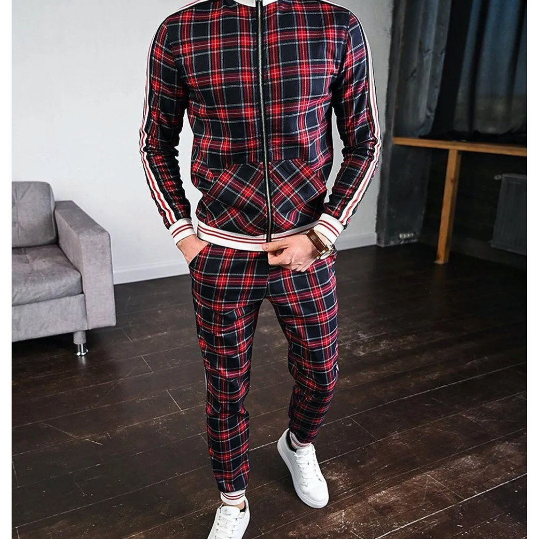 Nicholas Mens Plaid Activewear Tracksuit With Stripe Details For Workout Travel And Casual Wear
