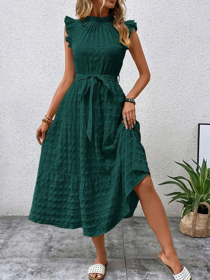 Liselotte Elegant Midi Dress for Women With Gathered Neckline Ruffles Belt Festive Appeal