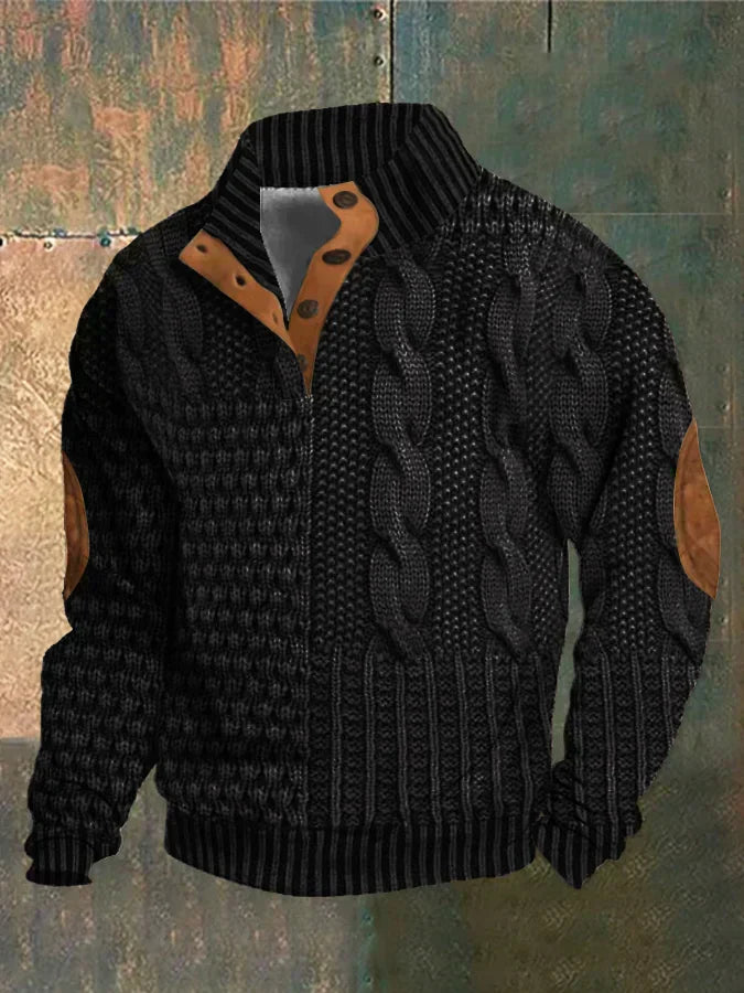 Men's Winter Sweater With Button Collar And Elbow Patches For Modern Warmth And Everyday Style