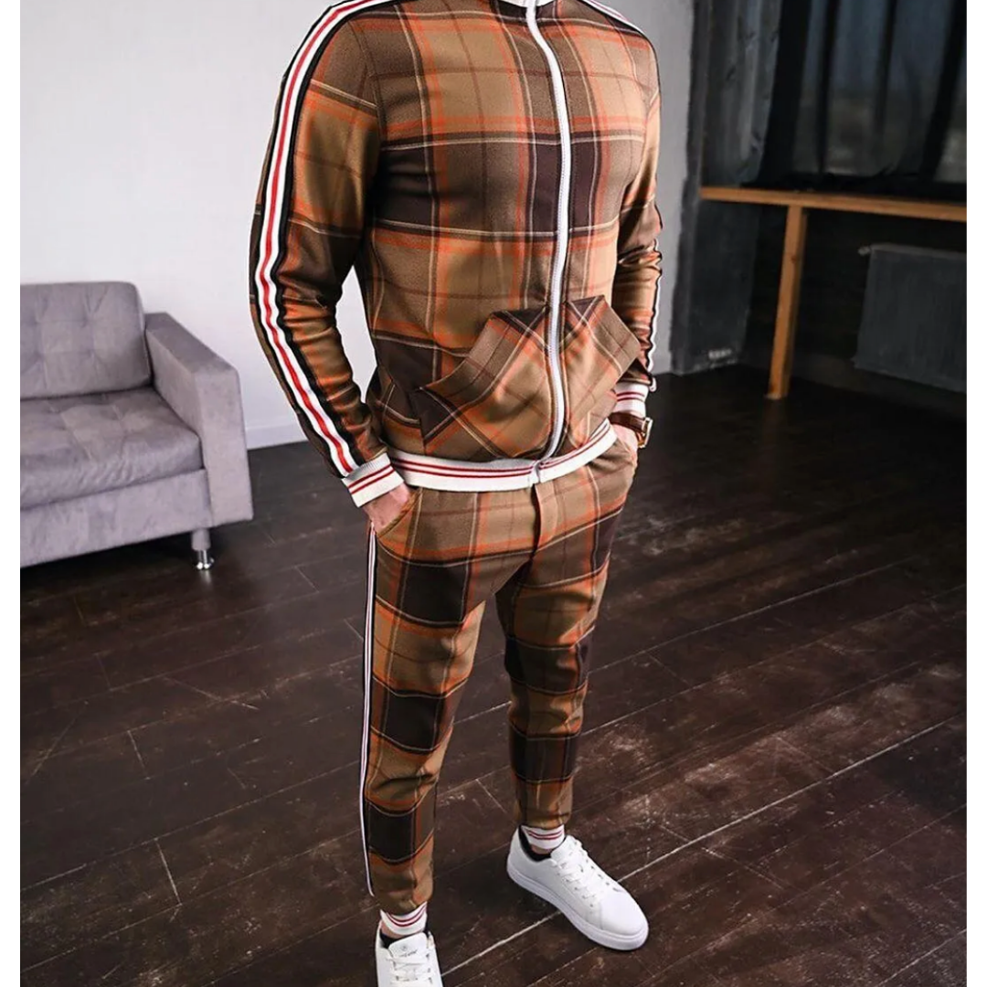 Nicholas Mens Plaid Activewear Tracksuit With Stripe Details For Workout Travel And Casual Wear