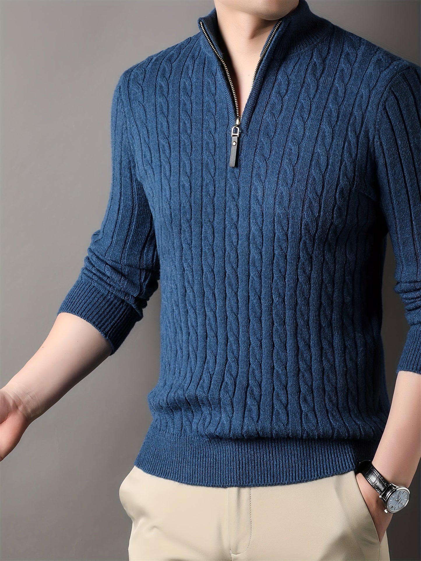Jayden Mens Ribbed Pattern Half Zip Cable Knit Winter Sweater For Warm Comfort Everyday Wear