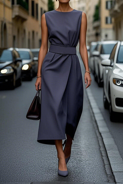 Renata Sleeveless Midi Dress With Ruched Wrap For Professional Women, Elegant Comfort For Work