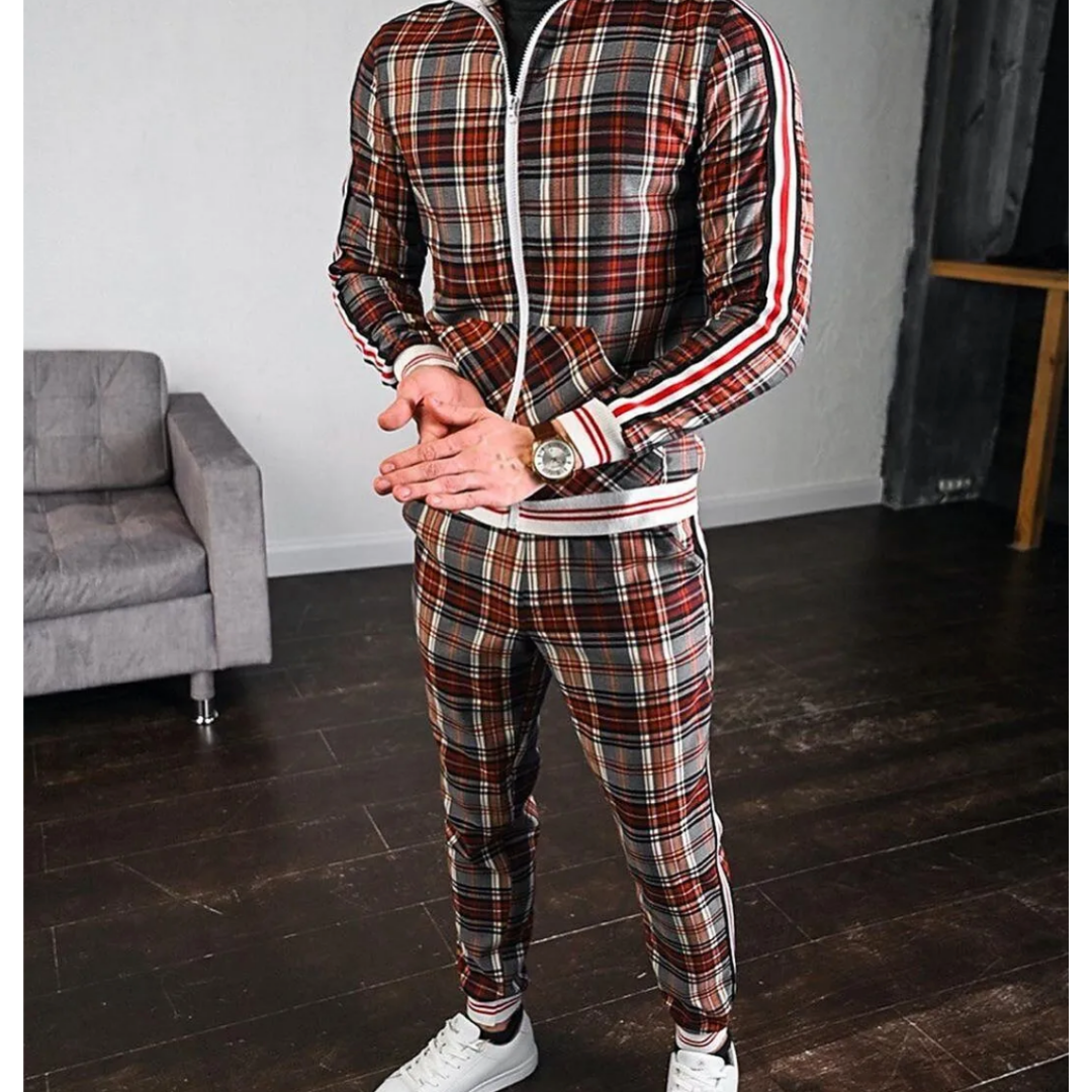 Nicholas Mens Plaid Activewear Tracksuit With Stripe Details For Workout Travel And Casual Wear