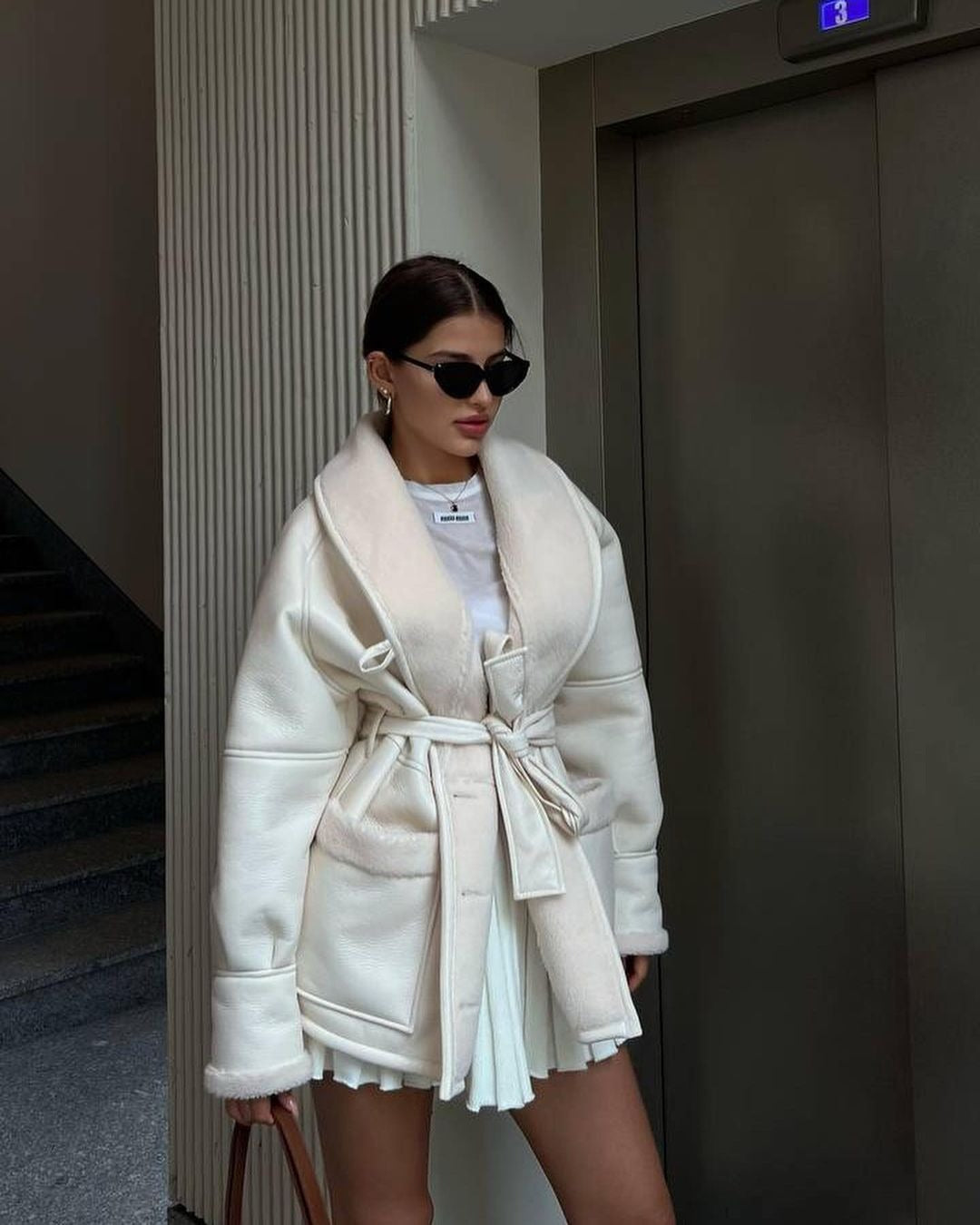 Korean Style Coat With Faux Leather And Faux Fur Long Sleeve For Women Cozy Warmth And Pockets