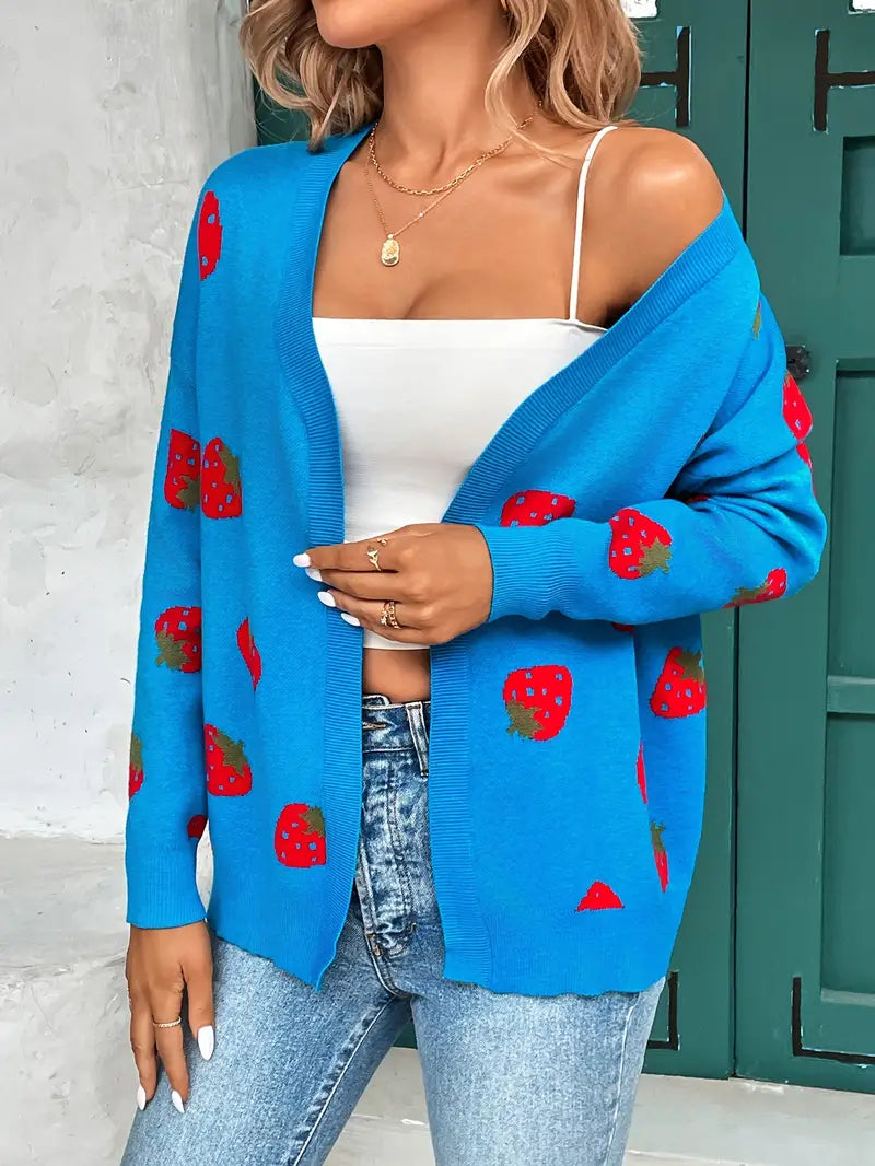 Women’s Cardigan – Oversized Fit – Knit Texture – Open Front – Playful Pattern