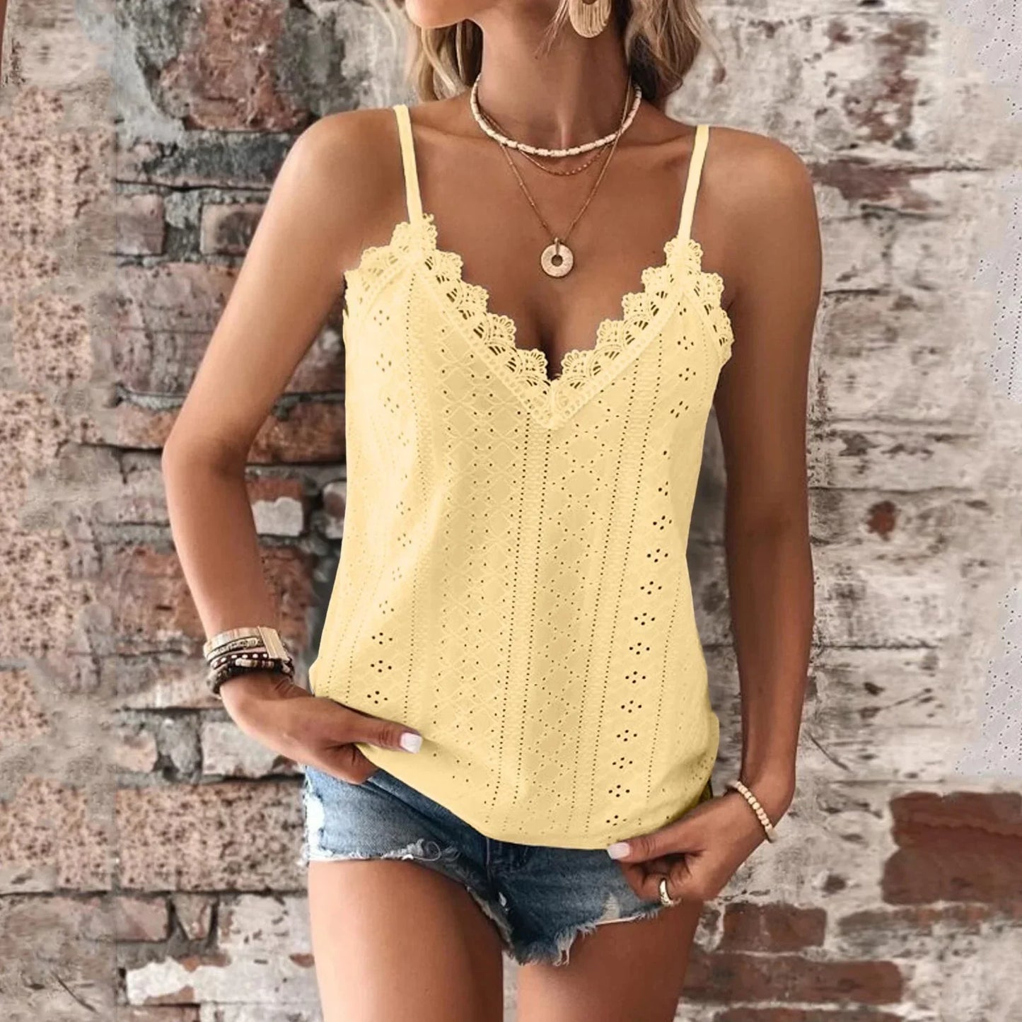 Women's sleeveless summer top with V-neck and lace trim