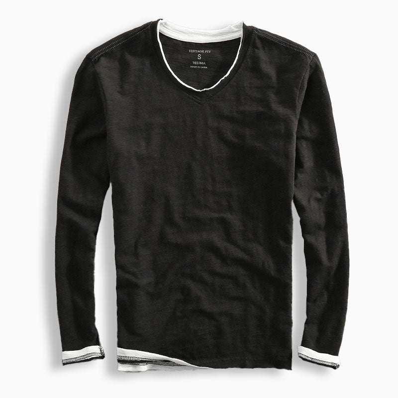 TrendAura Men Slim Fit Long Sleeve V Neck T Shirt With Contrast Trim Navy Slub Texture