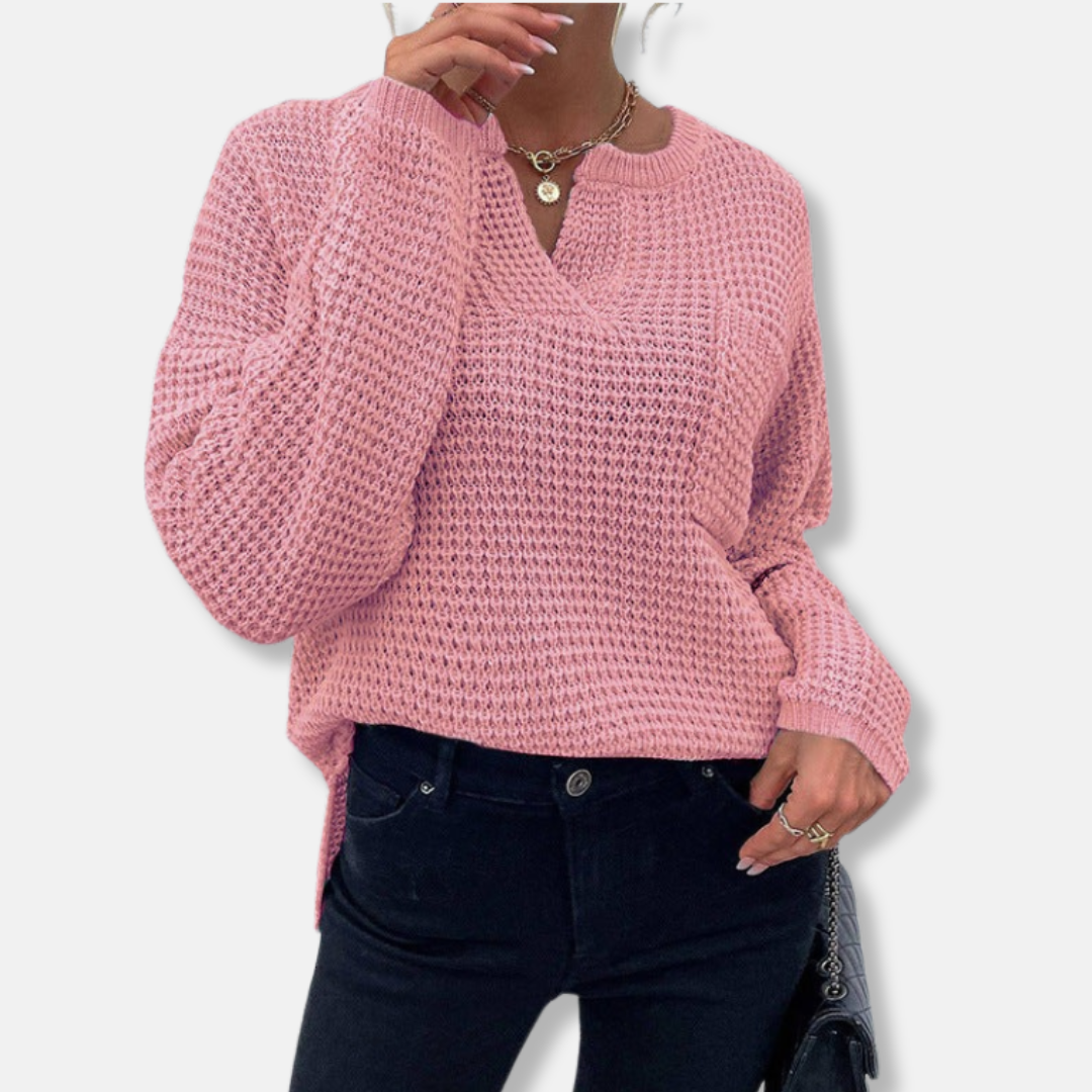 Women’s Sweater - Waffle Knit - Relaxed Fit - Notched Round Neck - Long Cuffed Sleeve