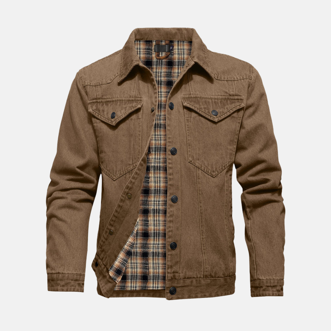 Men's Denim Jacket With Relaxed Fit Hip Length Button Front Chest Pockets For Casual Layering