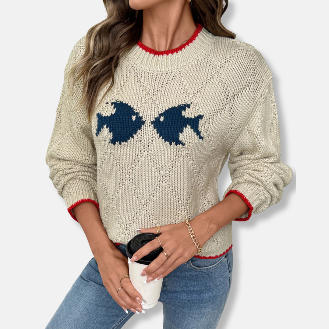 Women’s Sweatshirt - Knit - Relaxed Fit - Round Neck - Long Sleeve - Textured Chevron Pattern