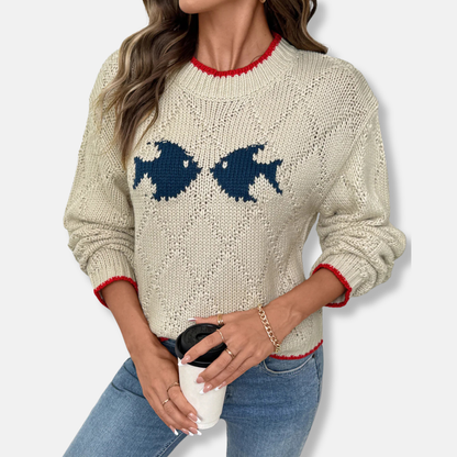 Women’s Sweatshirt - Knit - Relaxed Fit - Round Neck - Long Sleeve - Textured Chevron Pattern