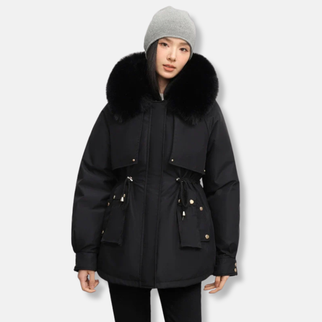 Women’s Parka Jacket – Weather-Resistant – Drawstring Waist – Faux Fur Collar – Mid-Thigh