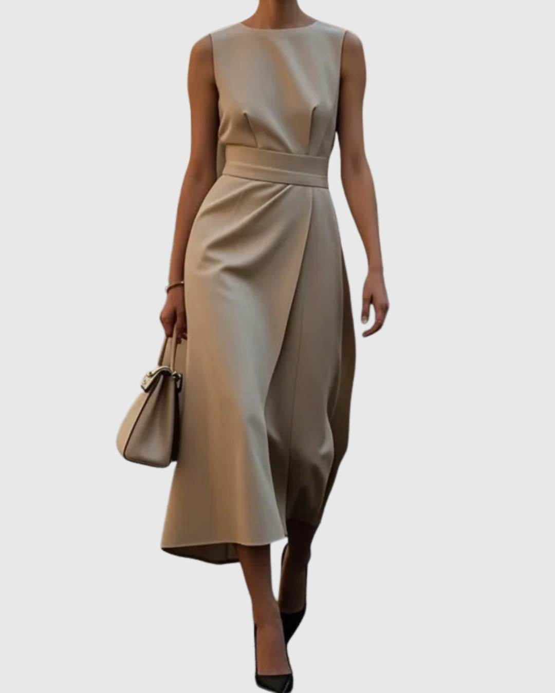 Women's Sleeveless Midi Dress with Round Neck and Twisted Detail