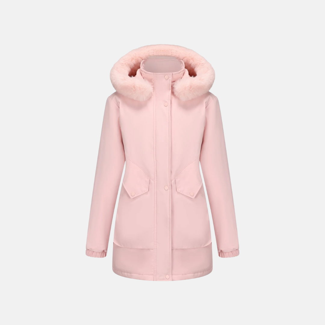 Women’s Parka Jacket – Mid-Length Fit – Faux Fur Hood – Adjustable Waist – Snap Closure
