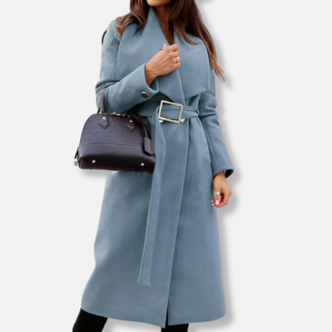 Women’s Longline Coat – Tailored Relaxed Fit – Draped Lapels – Belted with Gold Buckle
